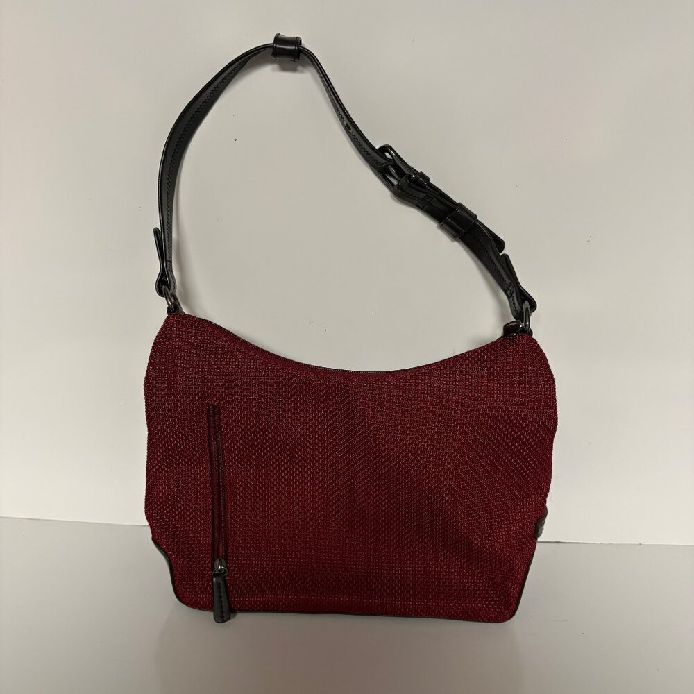 The Sak Maroon Textured Shoulder Bag Black Faux Leather Accents Adjustable Strap